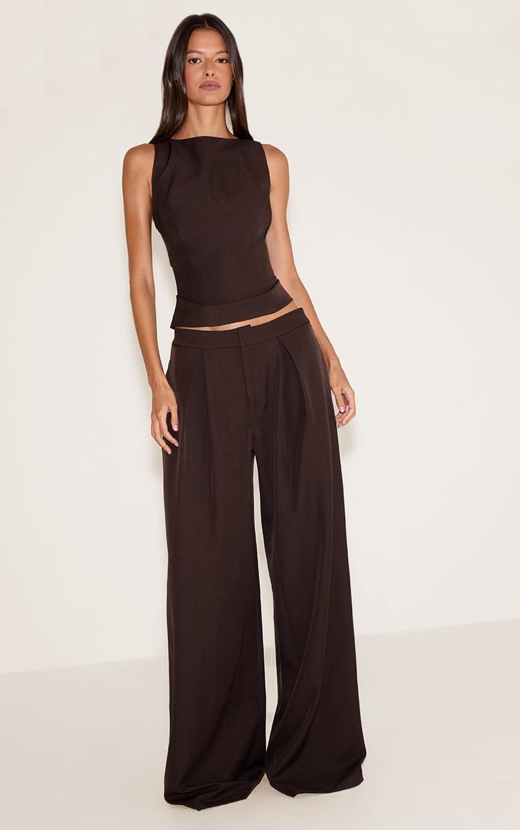 Dark Brown Woven Tailored Wide Leg Pants image 1