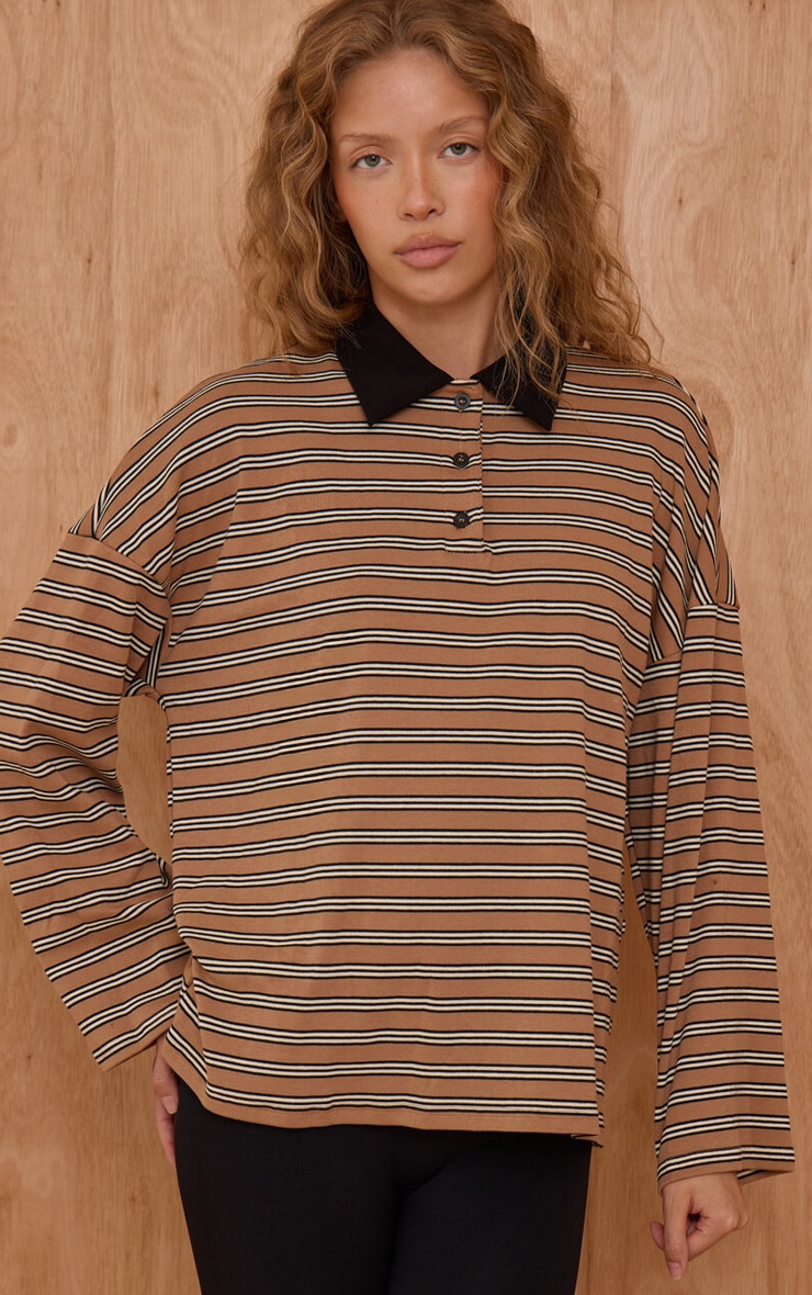 Tan Stripey Collar Detail Long Sleeve Rugby Top