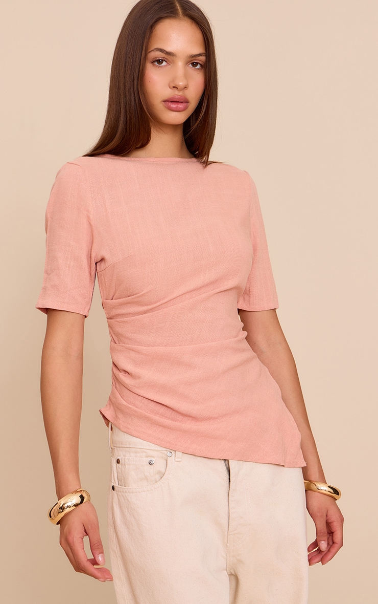 Peach Linen Look Ruched Side Detail T Shirt | Tops