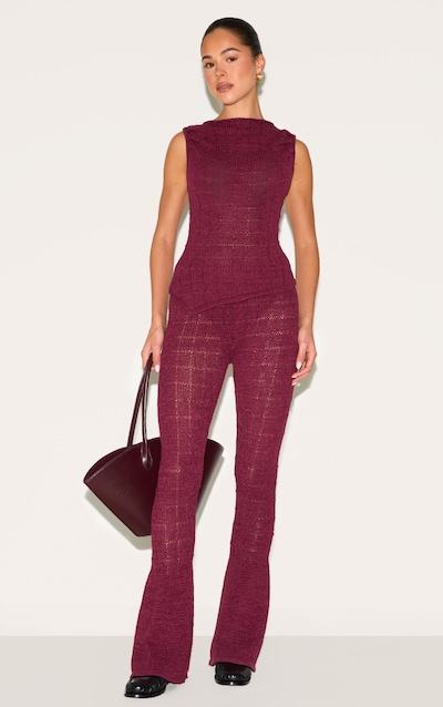 Wine Textured Filigree Knit Wide Leg Pants