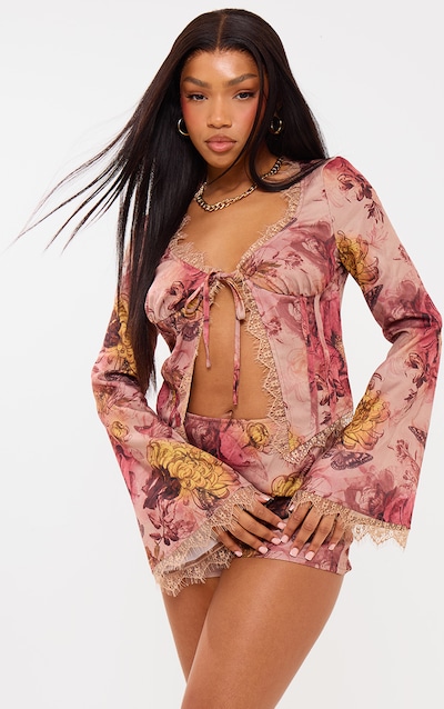 Brown Floral Woven Corset Frill Detail Flare Sleeve Playsuit