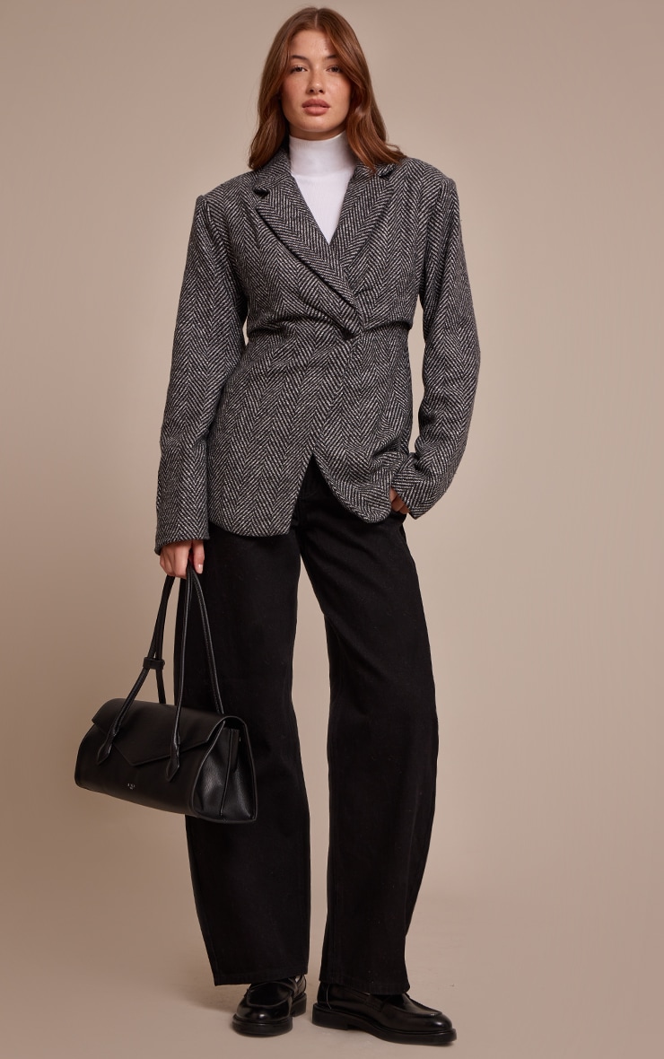 Grey Herringbone Gathered Cinched Waist Blazer image 3