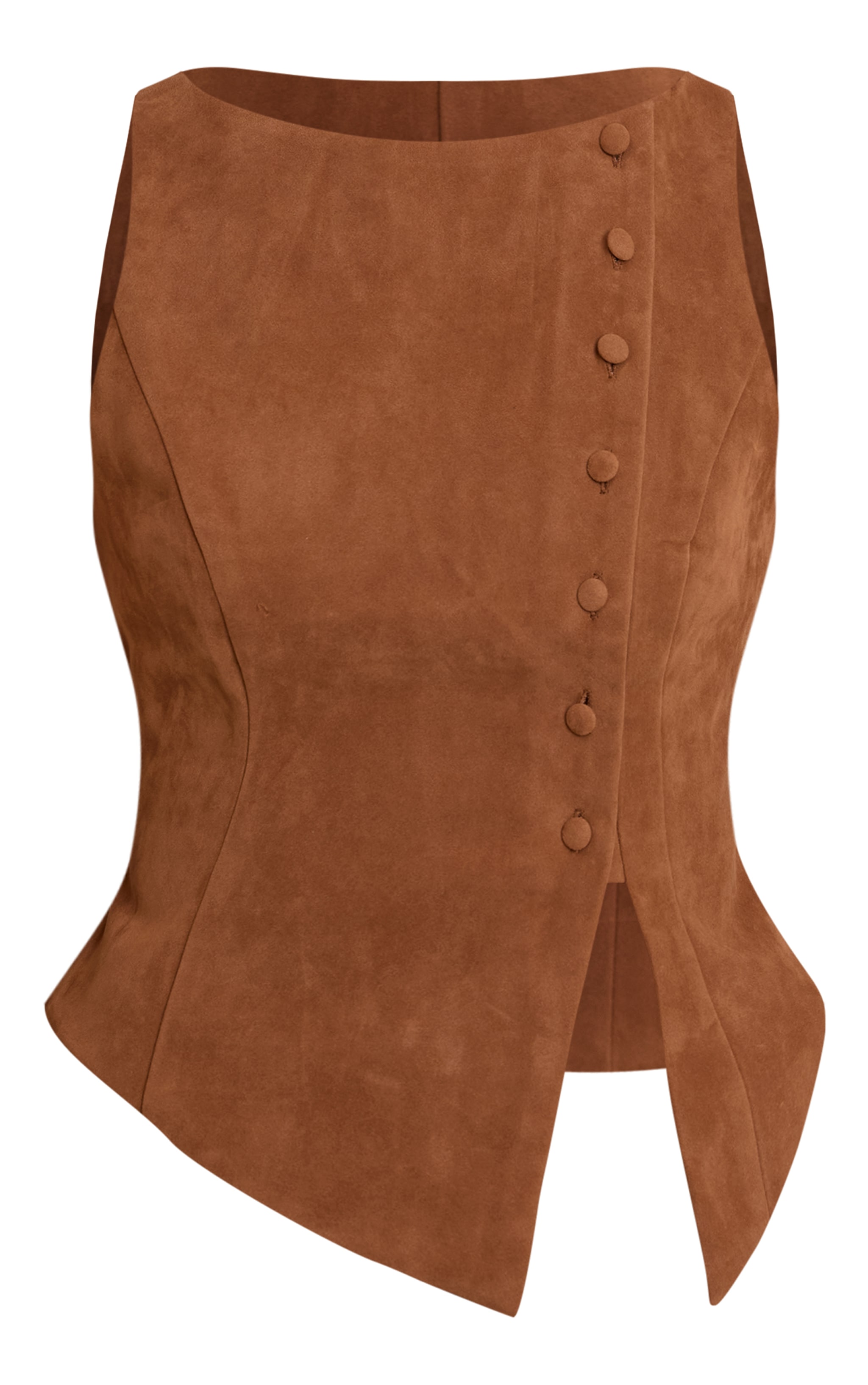 Tan Faux Suede Asymmetric Button Detail Waistcoat image 5