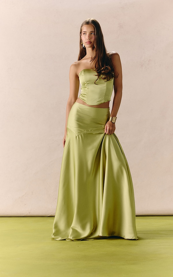 Apple Green Satin Fishtail Maxi Skirt