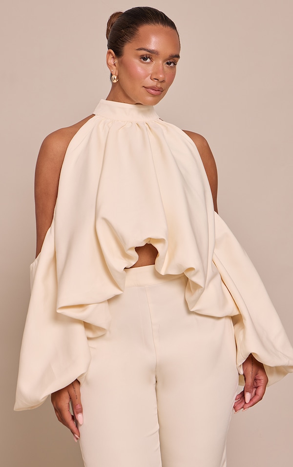 Shape BUTTER CREAM Cold Shoulder Puffball Halterneck Top