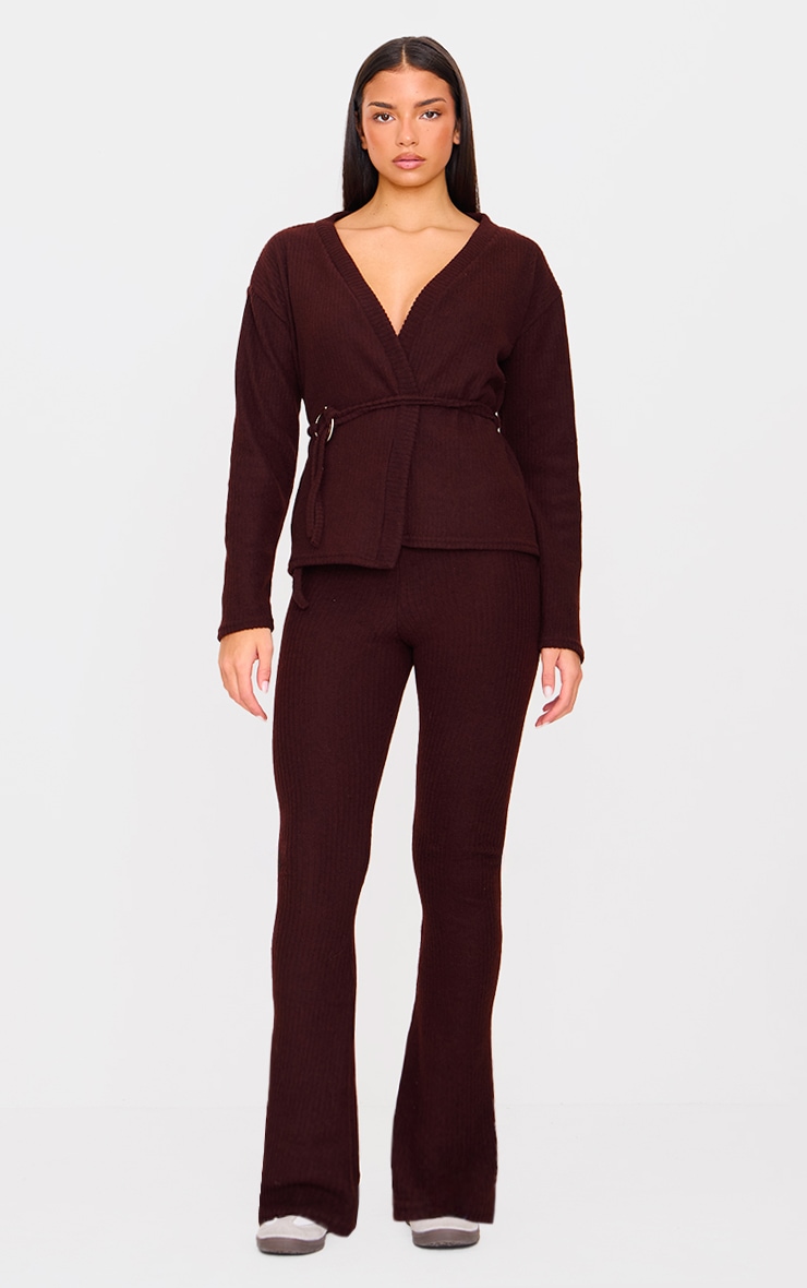Chocolate Soft Rib Tie Trim Detail Skinny Flares image 1