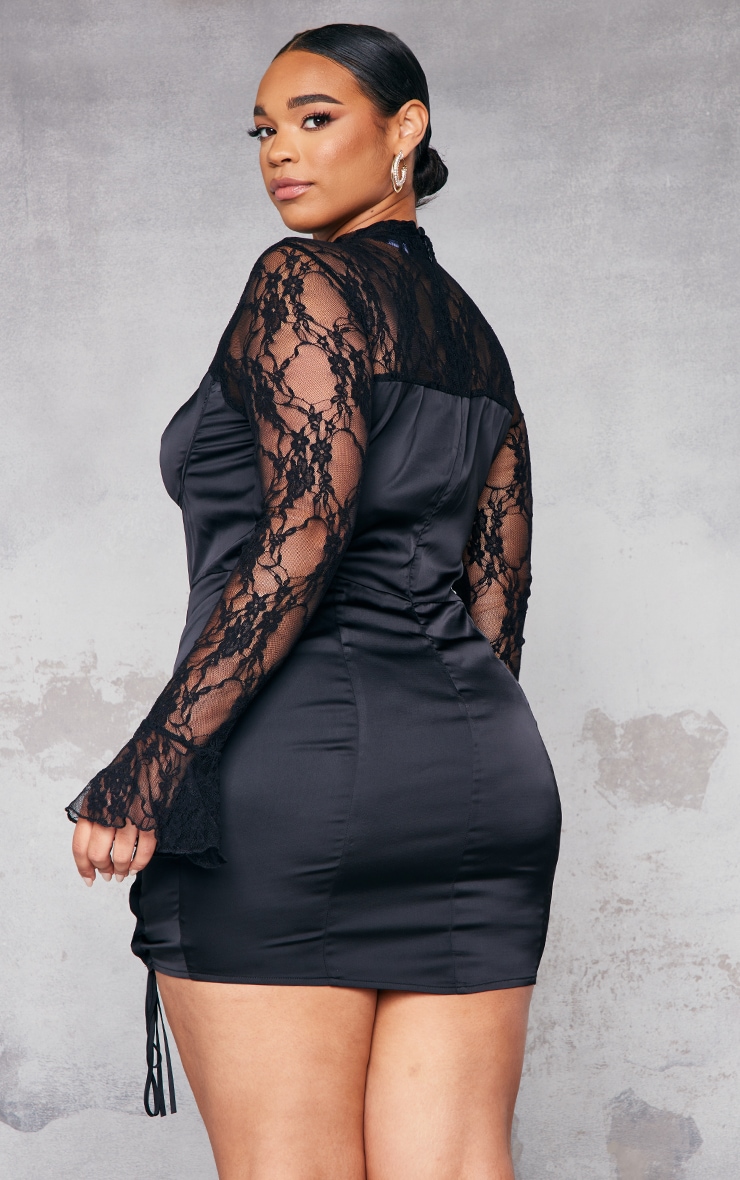 Plus Black Satin Lace Detail Ruched Bodycon Dress image 2