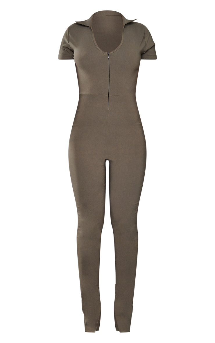 Khaki Stretch Woven Zip Front Collar Jumpsuit PrettyLittleThing