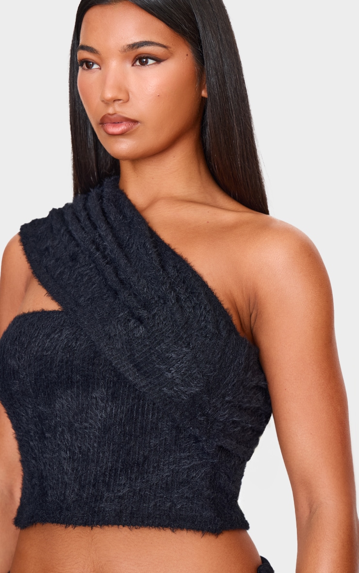 Black Fluffy Textured One Shoulder Top image 4