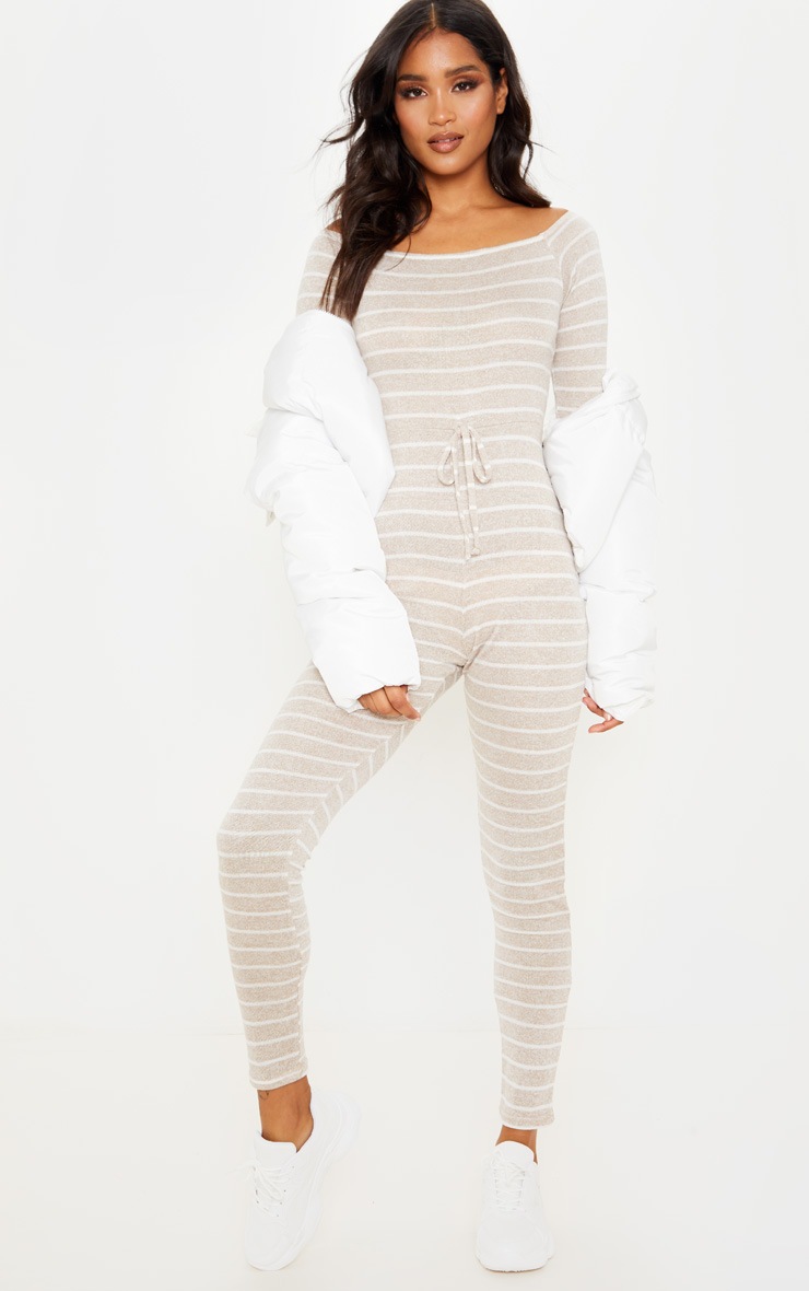 Oatmeal Stripe Knitted Bardot Jumpsuit