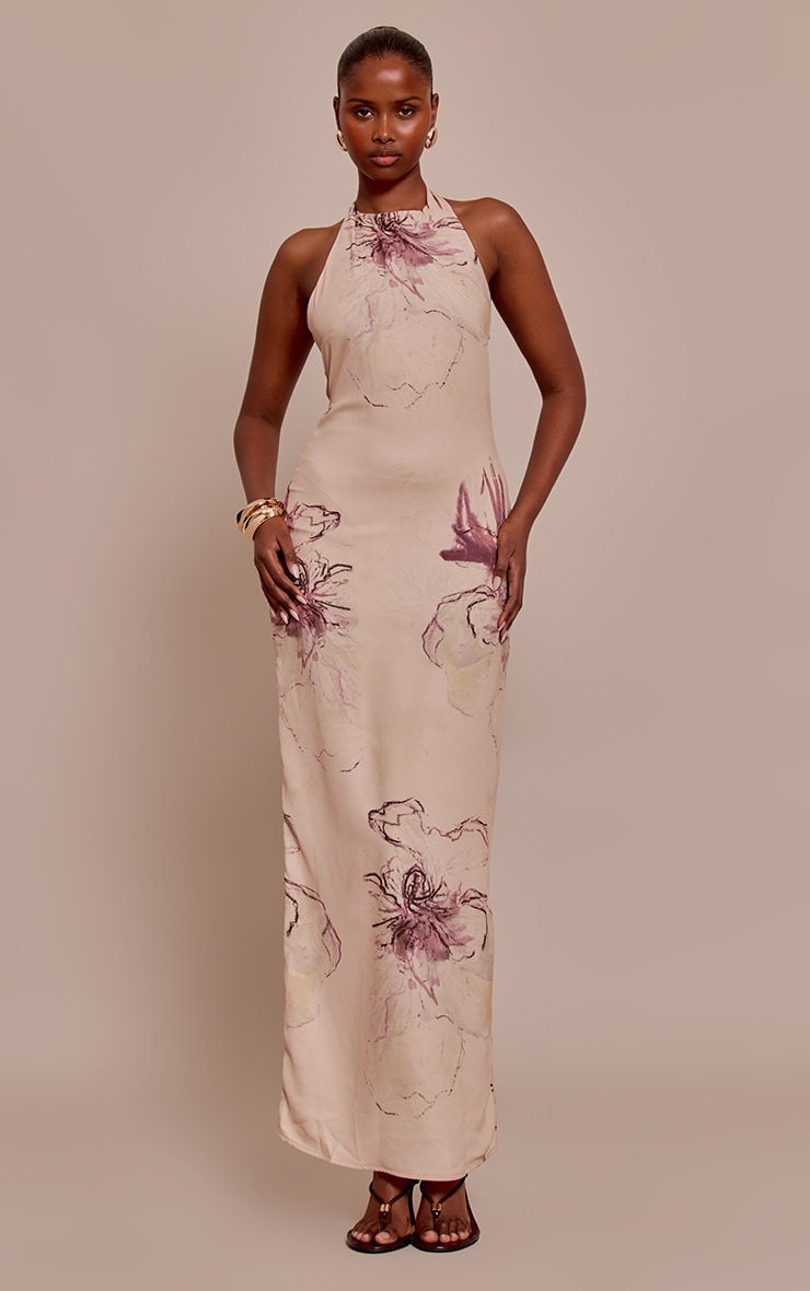 Cream Printed Chiffon High Neck Maxi Dress image 1