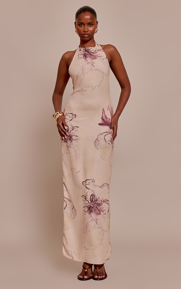  Cream Printed Chiffon High Neck Maxi Dress