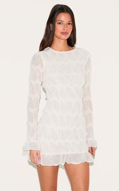 Almond Textured Long Sleeve Boat Neck Mini Dress