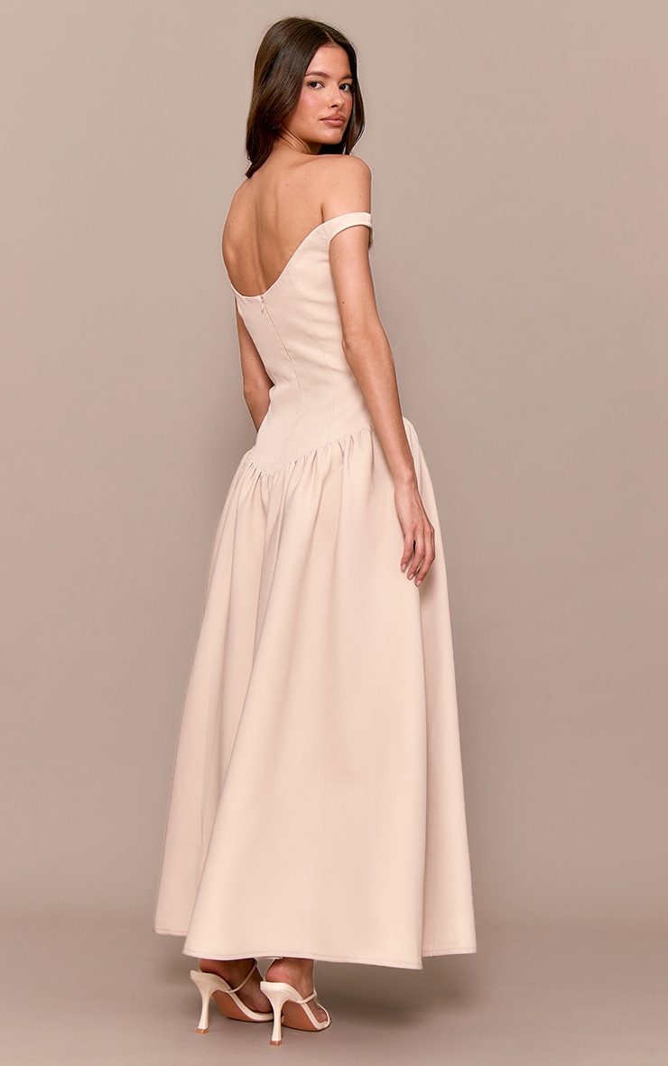 Cream Woven Dipped Bardot Ruched Midaxi Dress image 2