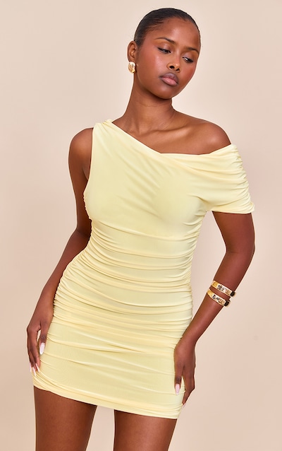 Lemon Double Layer Slinky Ruched Drape Detail Mini Dress