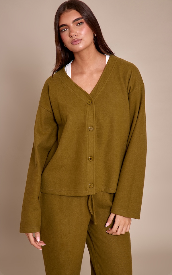 Olive Brushed Soft Touch Boxy Cardigan 