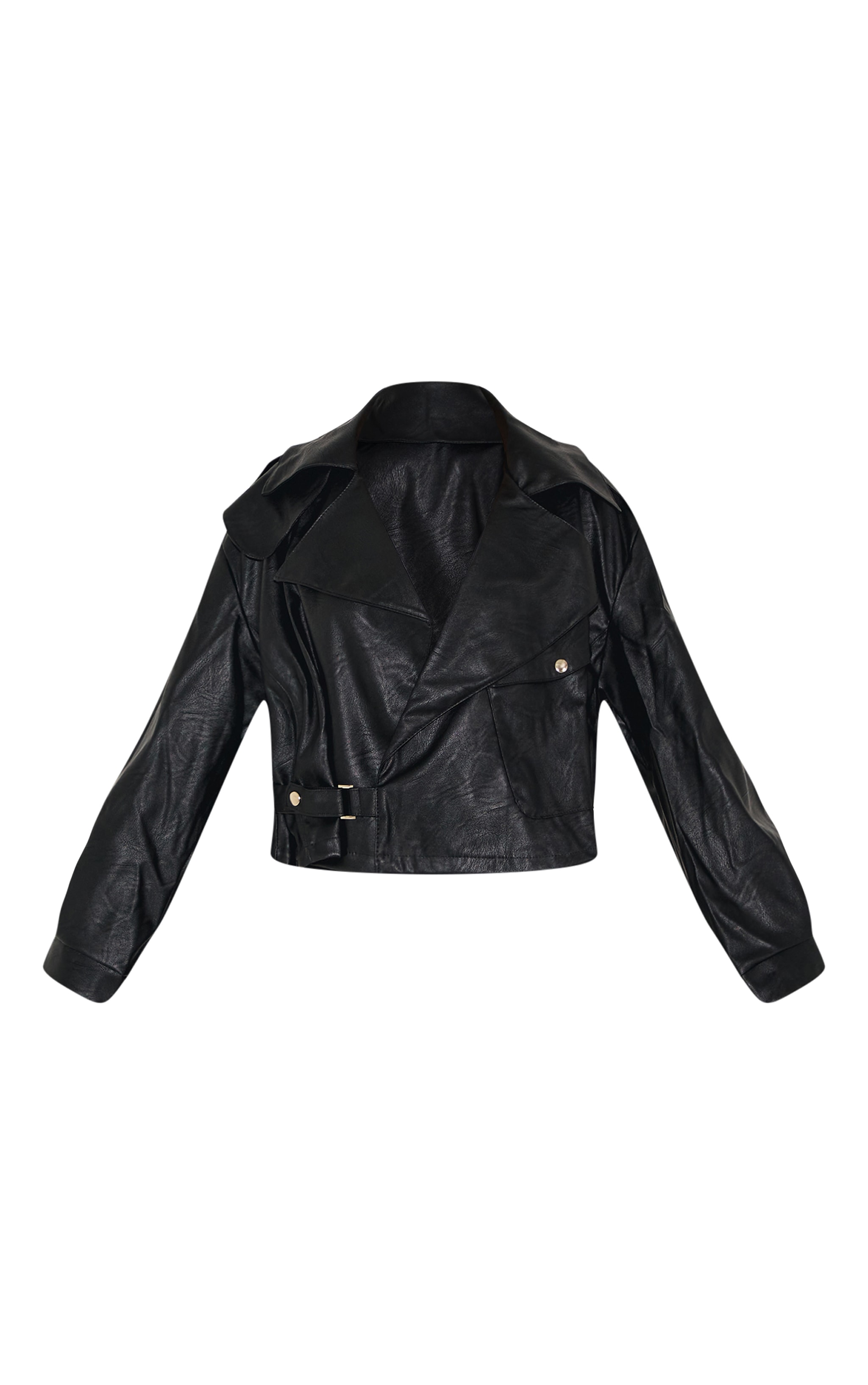 Black Textured Look Faux Leather Biker Jacket image 5