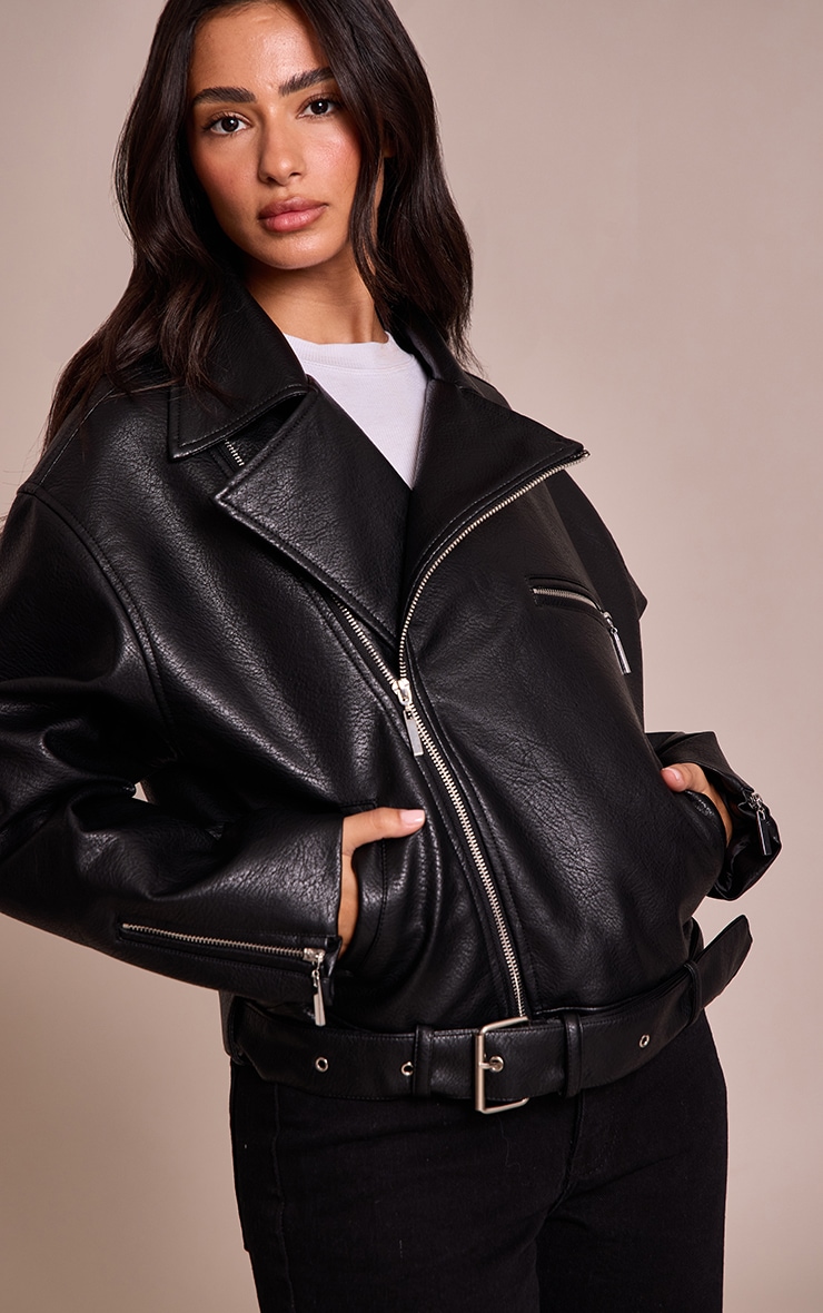 Petite Black Faux Leather Oversized Biker Jacket image 1