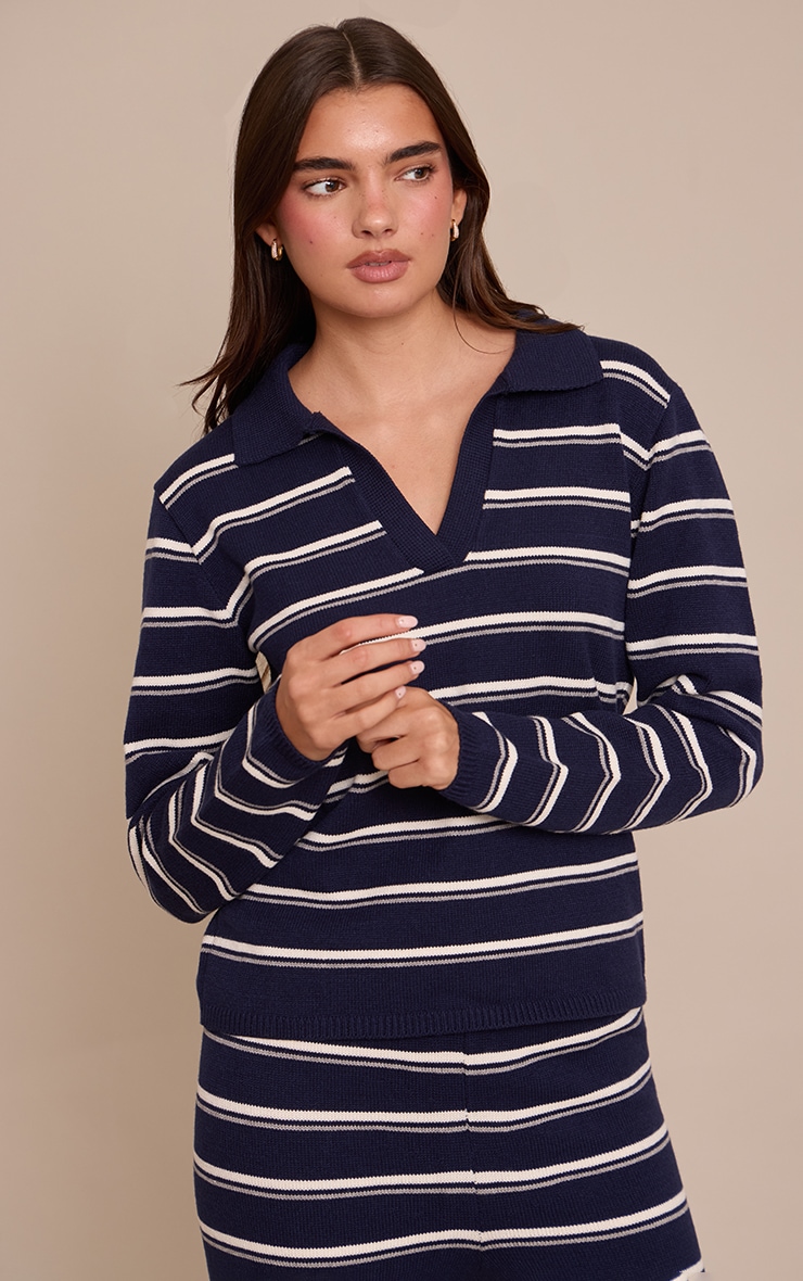 Navy Striped Rugby Knitted Top image 4