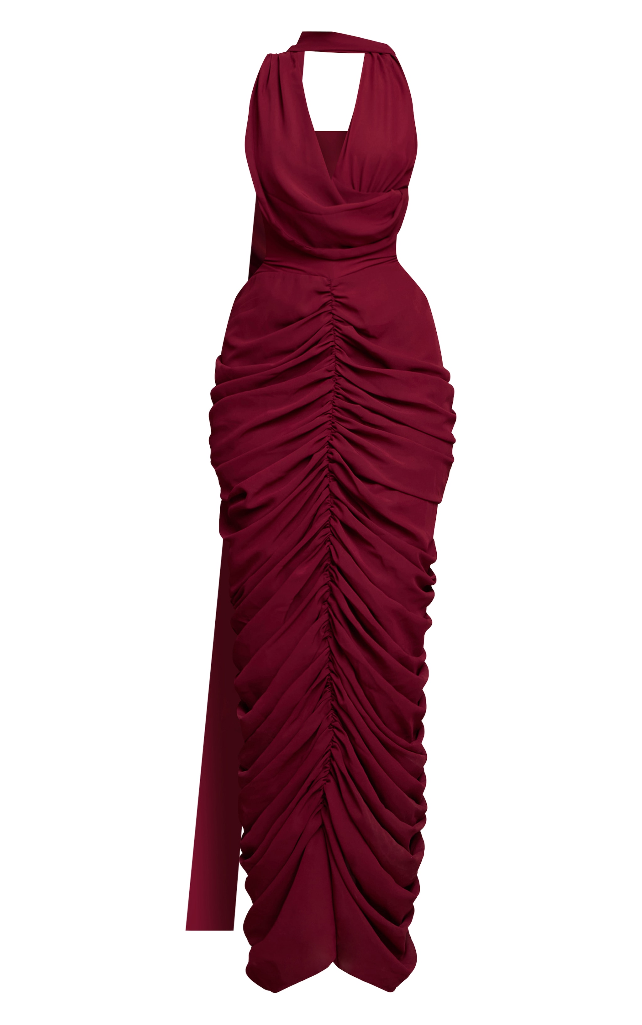 Wine Chiffon Scarf Detail Ruched Maxi Dress image 5