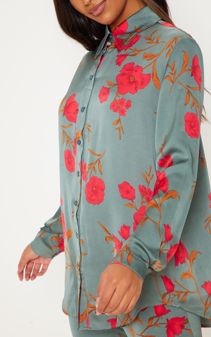 Green Floral Print Oversized Shirt image 5