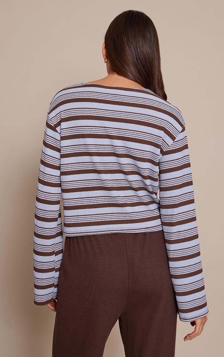 Blue Textured Stripe Oversized Button Detail Long Sleeve Top image 2