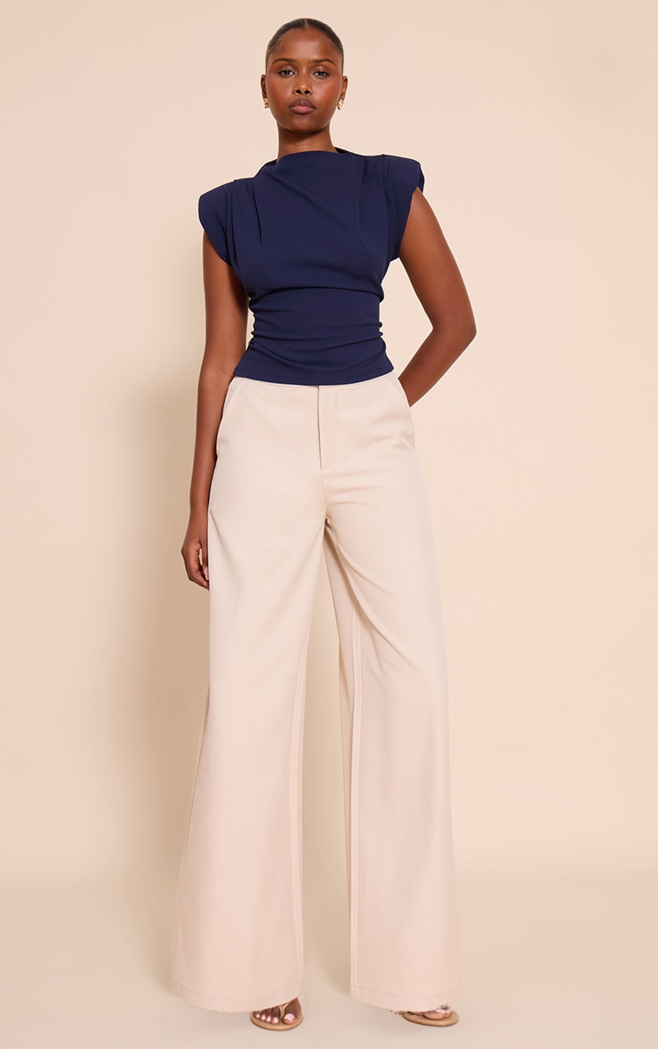 Navy Shoulder Pad Pleated Boat Neck Top image 3