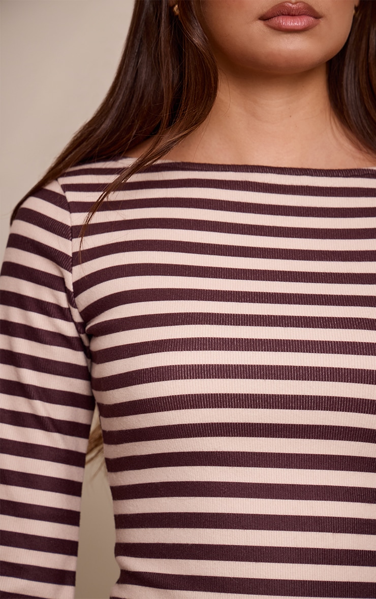 Chocolate Brushed Rib Striped Long Sleeve Mini Dress image 4
