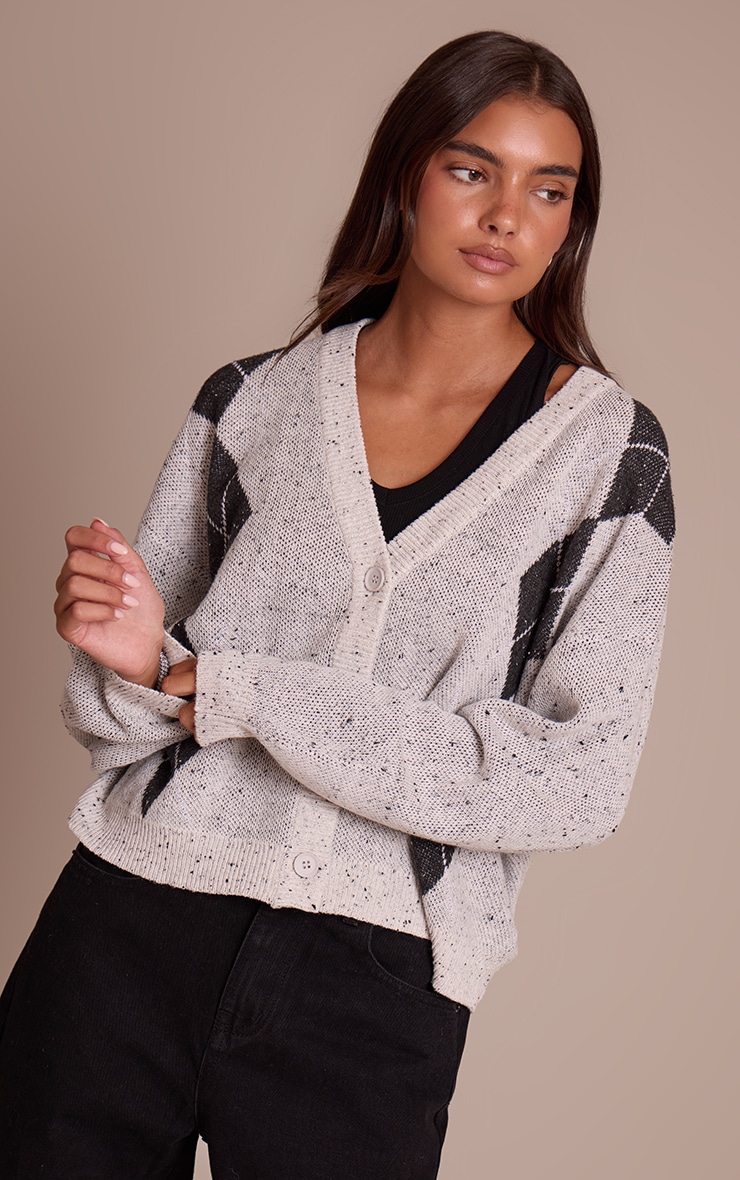 Grey Argyle Oversized Knit Cardigan image 3
