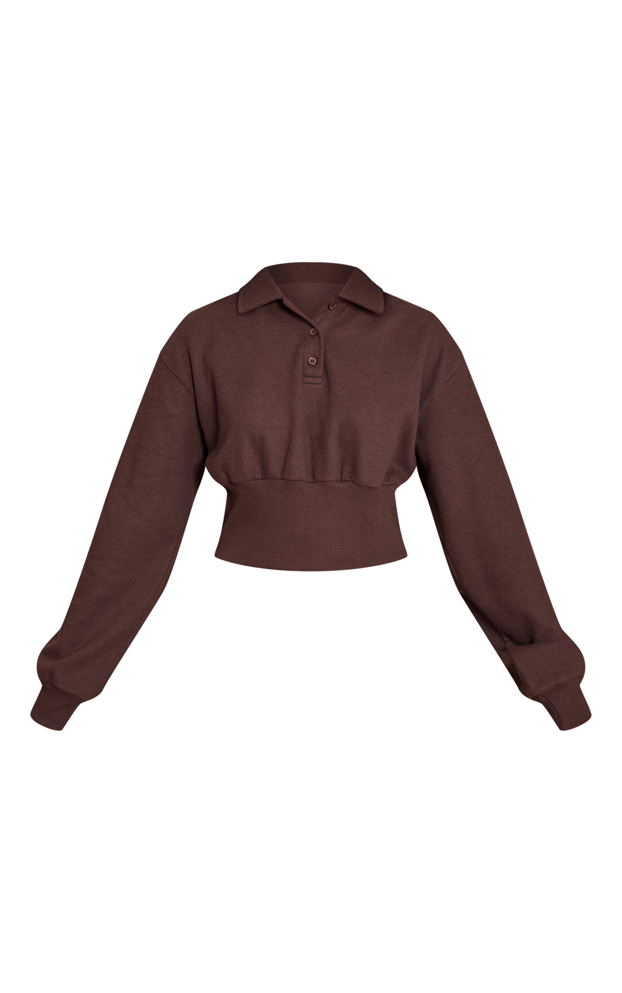 Chocolate Brushed Rib Elasticated Balloon Sleeve Polo Top image 5