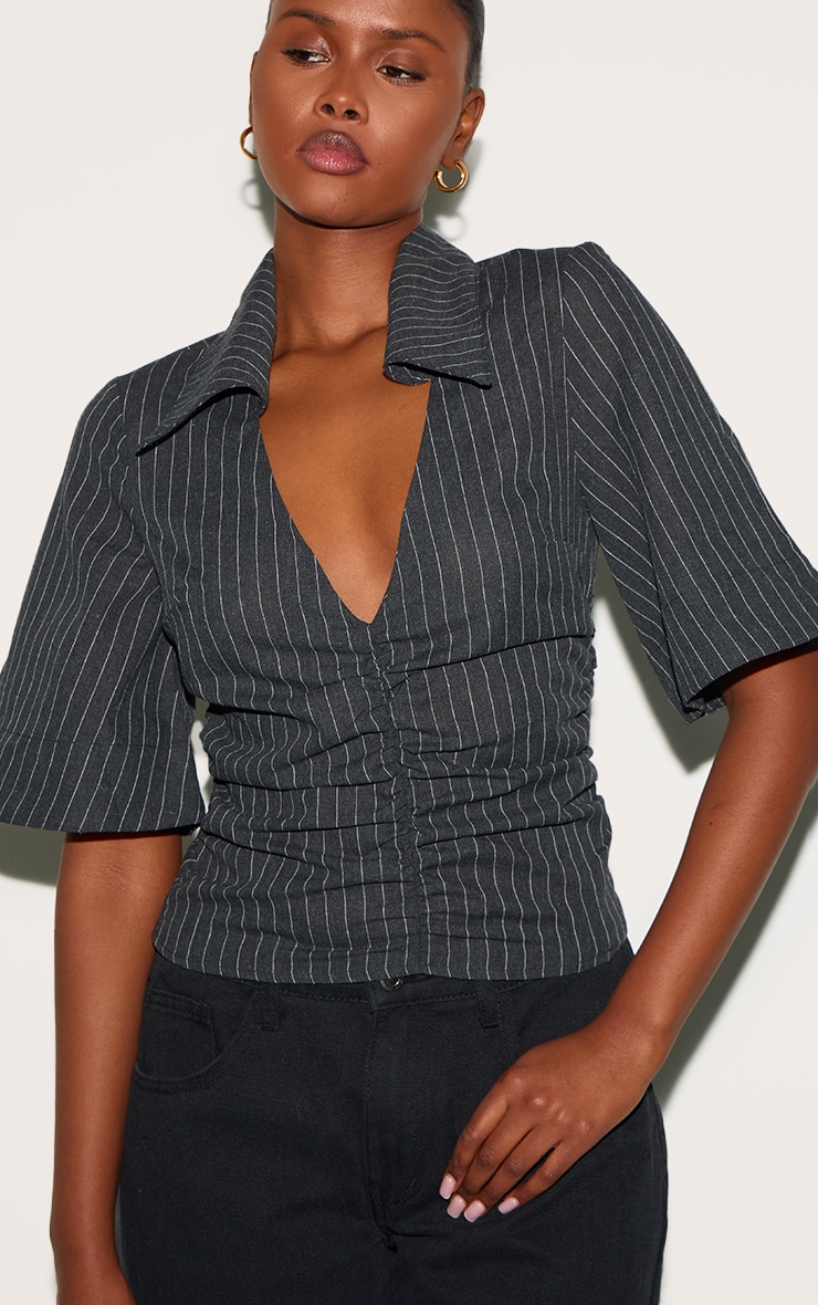 Charcoal Pinstripe Fitted Boxy Sleeve Shirt image 4