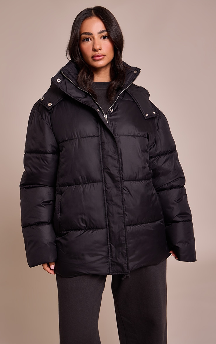 Petite Black Oversized Hooded Puffer Jacket image 1