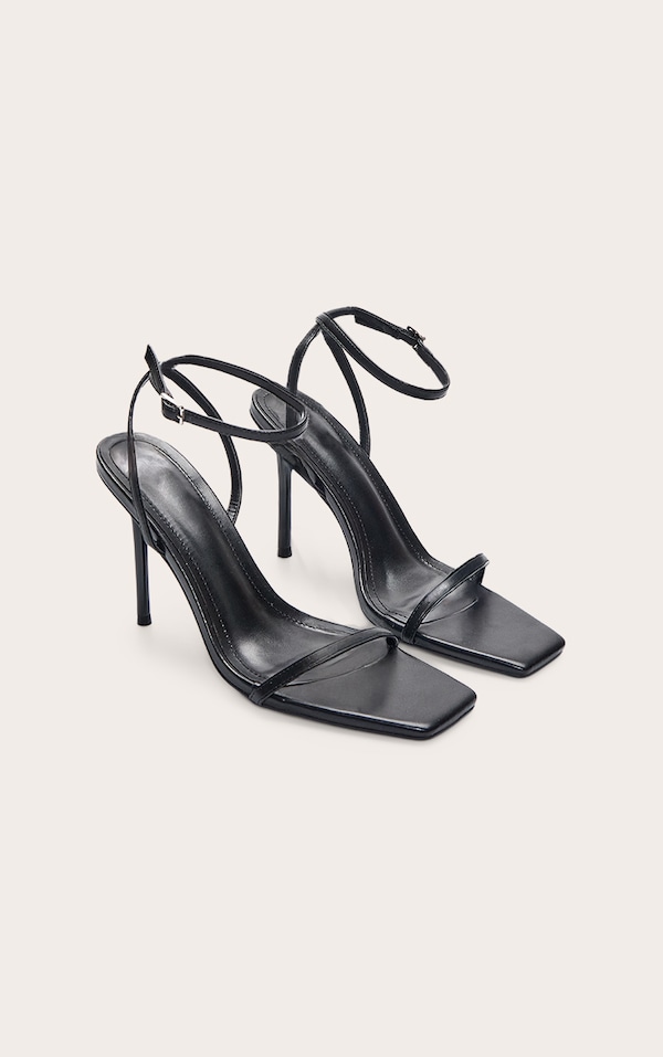 Sandales carrées en PU noir à talon haut et brides fines