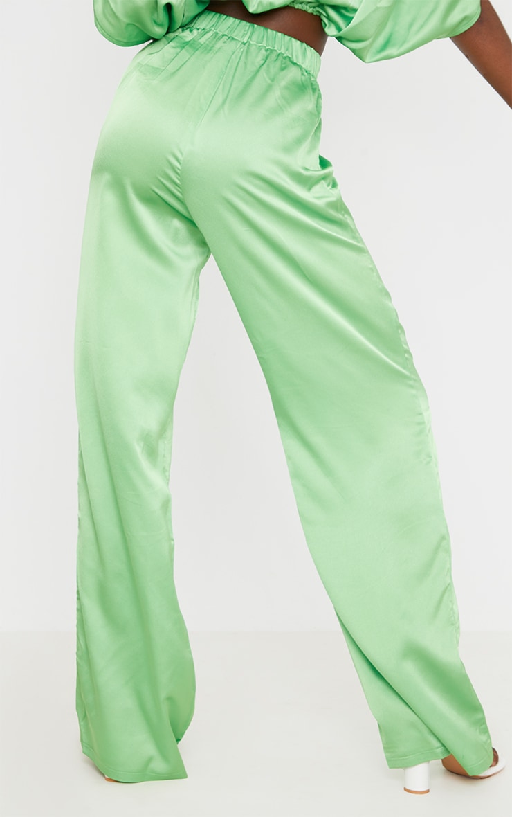 Tall Green Satin High Waisted Ruched Wide Leg Trousers image 3