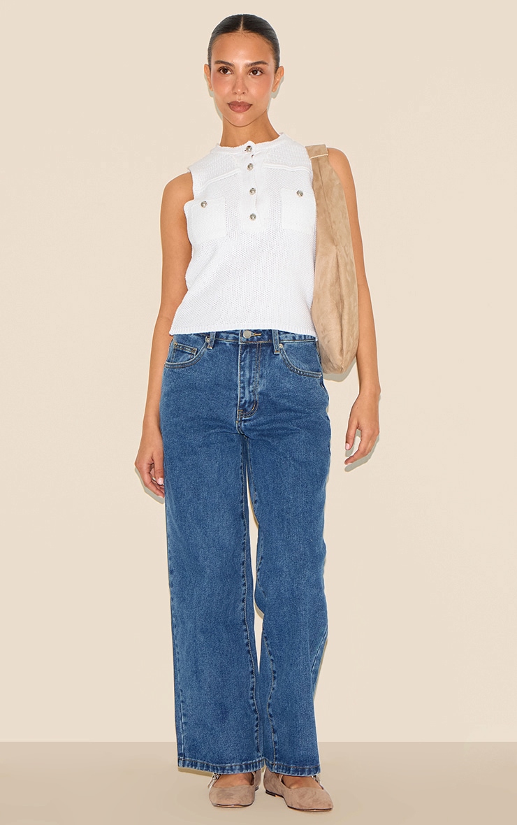 Petite White Knitted Long Top With Button Details image 3