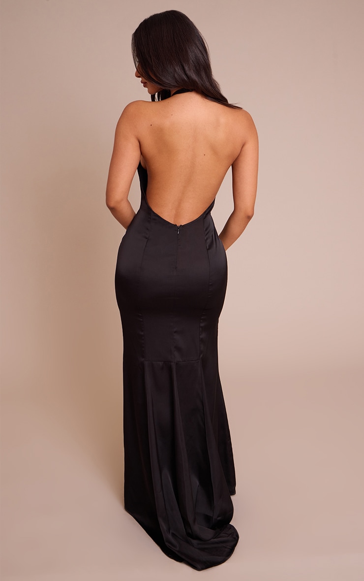Petite Black Seam Detail Halterneck Satin Maxi Dress image 2