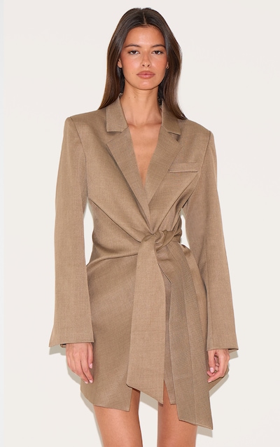 Mushroom Woven Blazer Side Tie Mini Dress