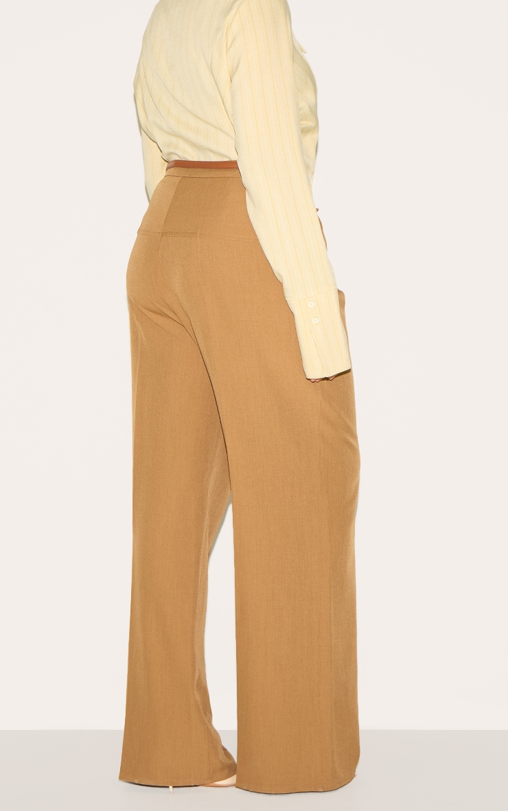 Plus Brown Tailored Thick Belted Waistband Detail Wide Leg Pants image 3