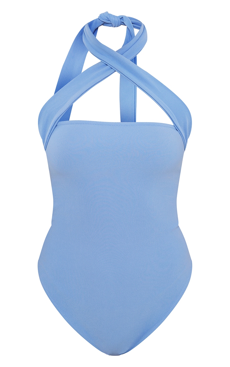 Bright Blue Textured Rib Halterneck Bodysuit image 5