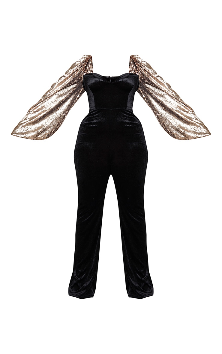 Plus Black Sequin Balloon Sleeve Velvet Jumpsuit