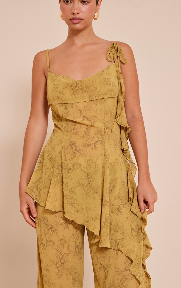 Chartreuse Abstract Print Chiffon Frill Cami Top image 4