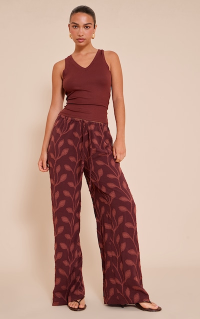 Chocolate Textured Woven Drawstring Waist Straight Leg Trousers
