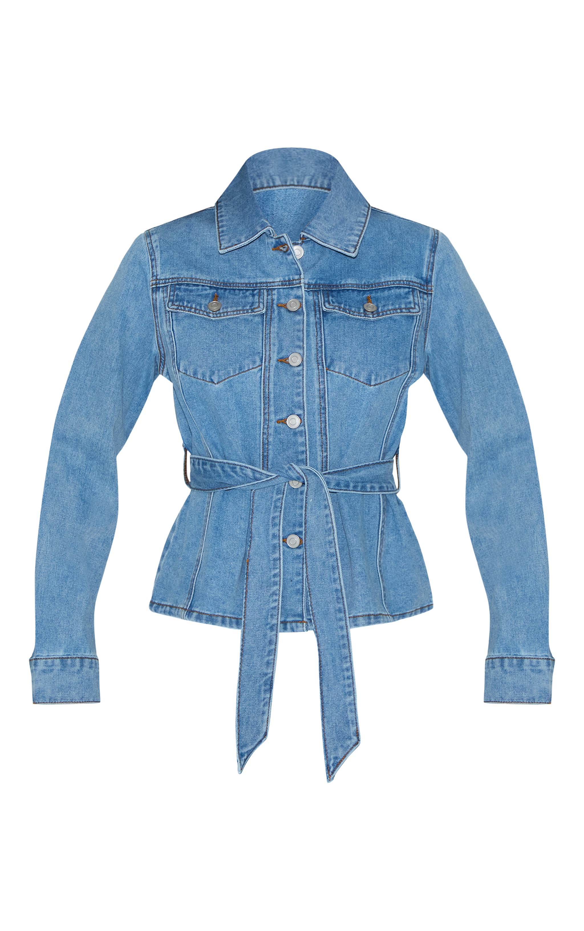 Light Blue Cinched Waist Belted Denim Jacket | Denim