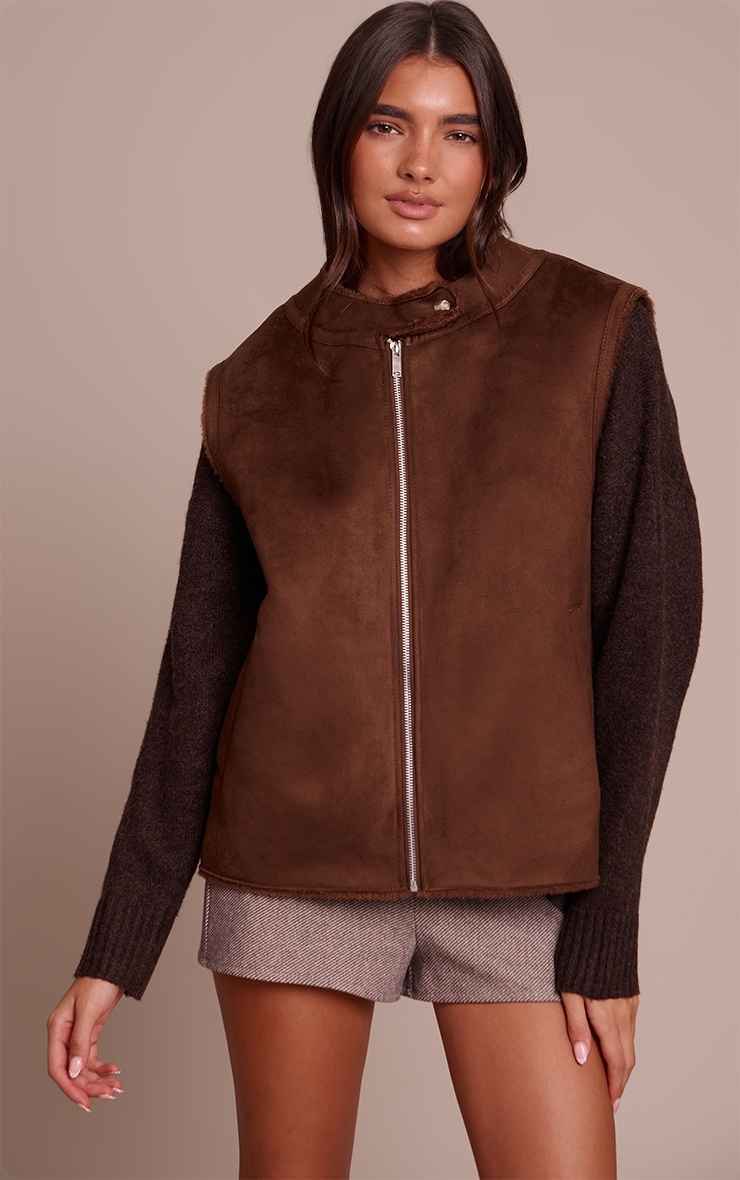 Chocolate Borg Lining Faux Suede Gilet