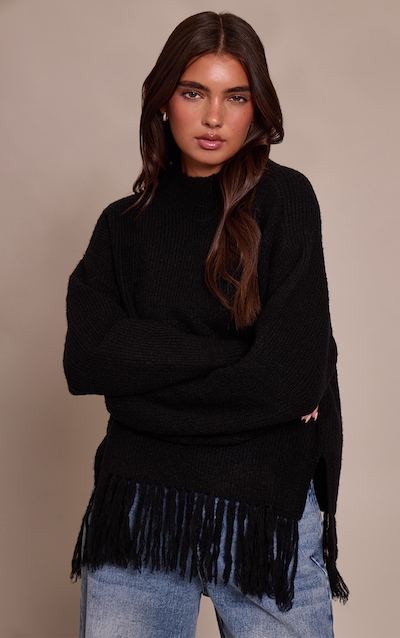 Black Round Neck Fringe Hem Oversized Jumper