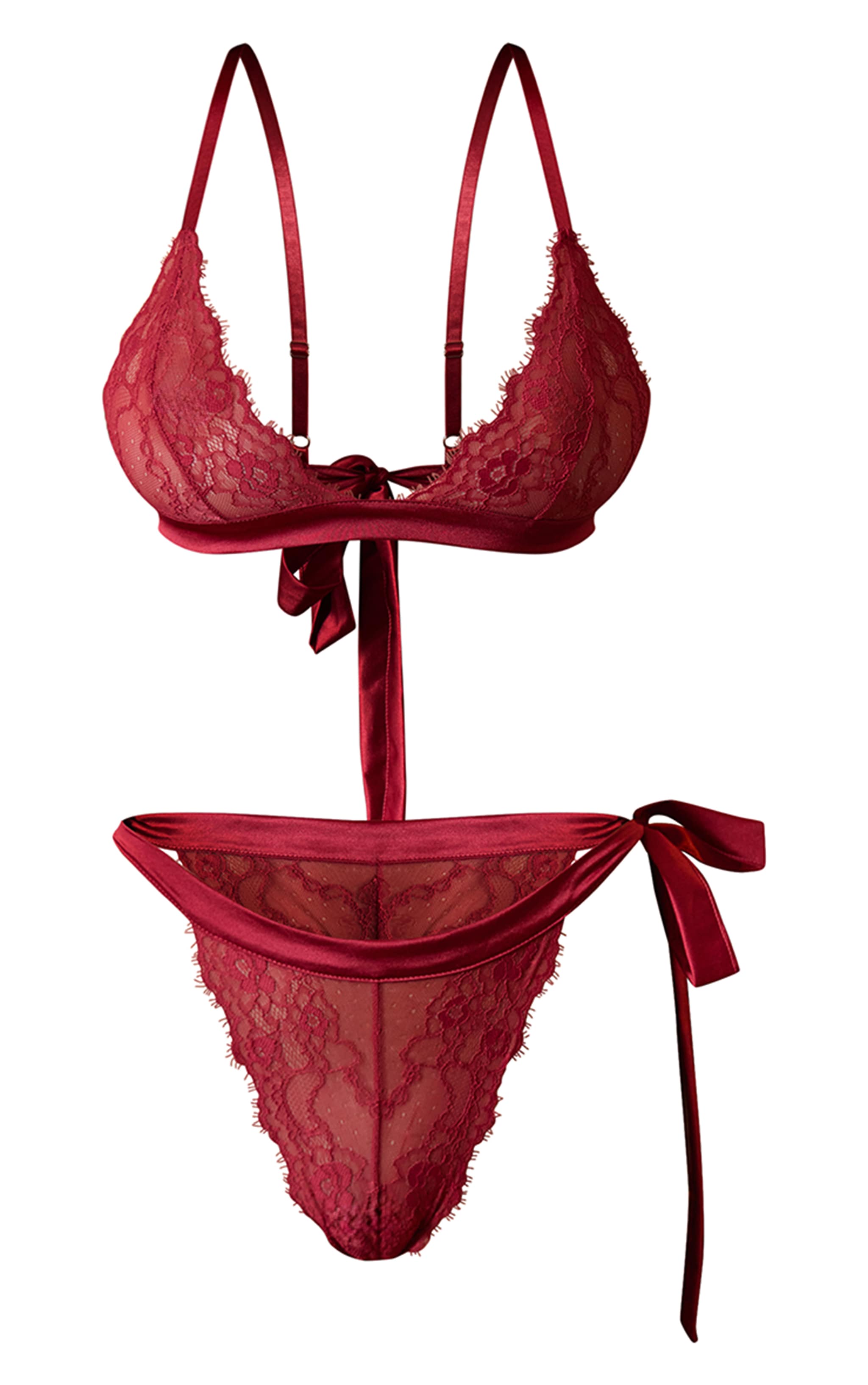 Red Tie Up Detail Lace Triangle Bra & Knicker Set  image 6