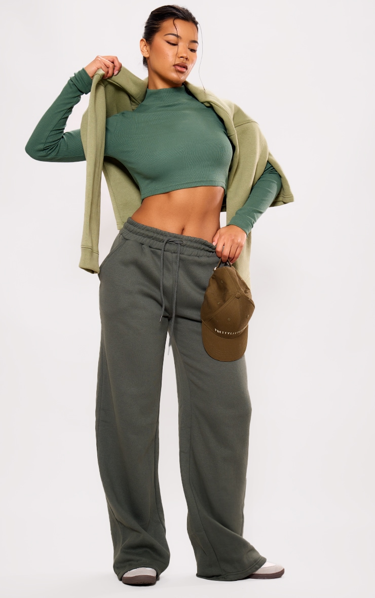 Forest Green Ribbed Basic High Neck Long Sleeve Crop Top image 3