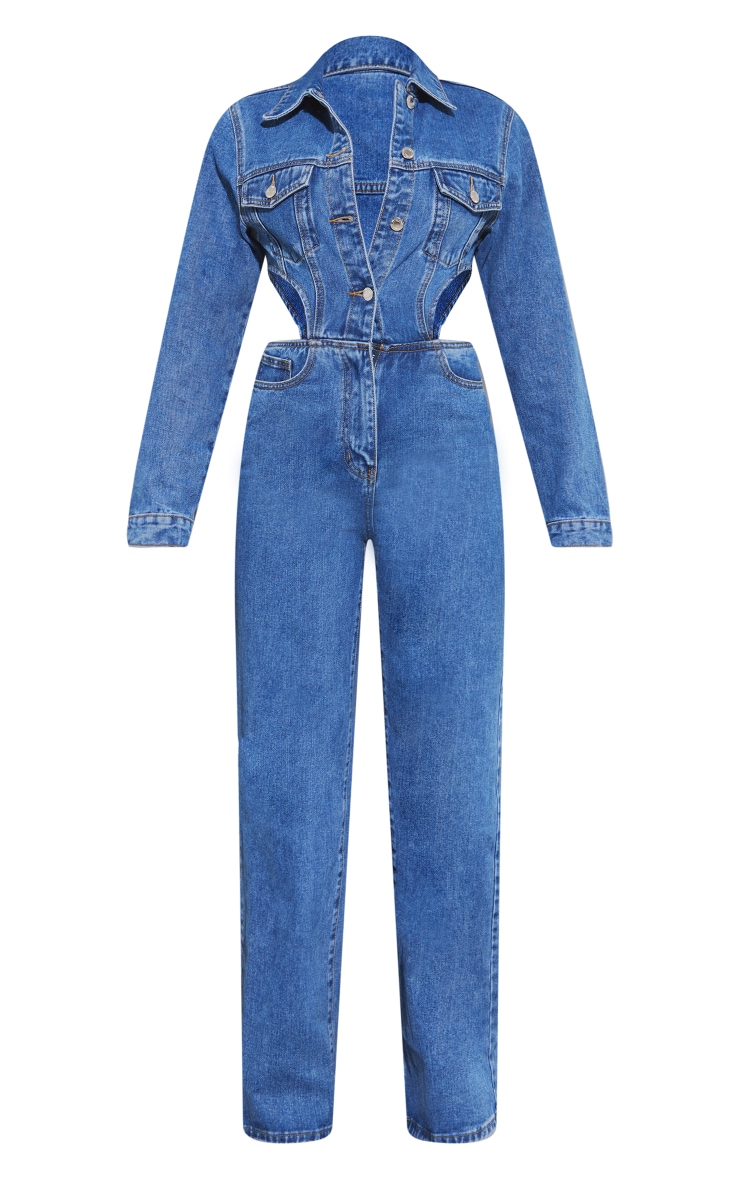 Mid Blue Wash Cut Out Waist Denim Jumpsuit image 5