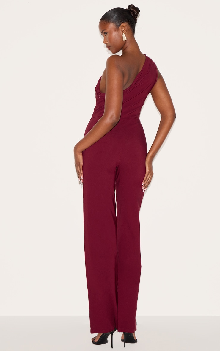Wine Stretch Woven One Shoulder Ruched Flared Jumpsuit image 2
