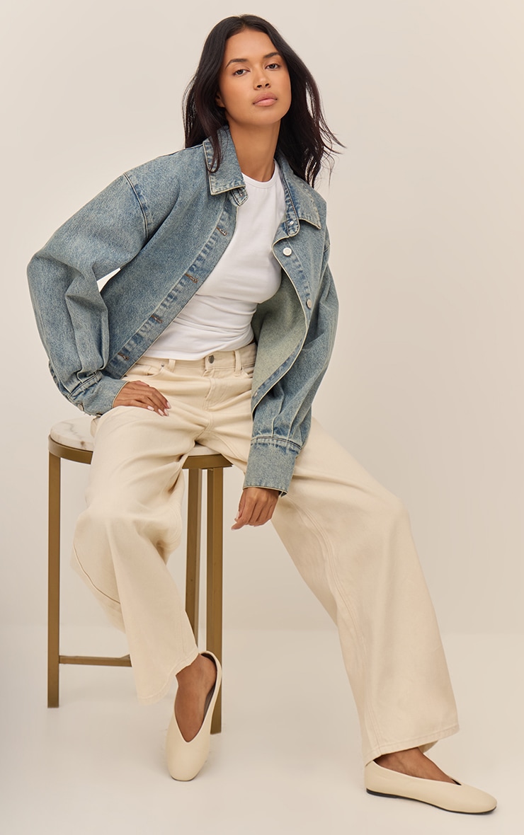 Vintage Balloon Sleeve Curved Hem Denim Shirt image 3